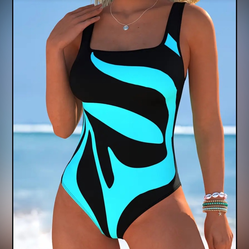 Women’s Black & Turquoise Patterned One-Piece Swimsuit